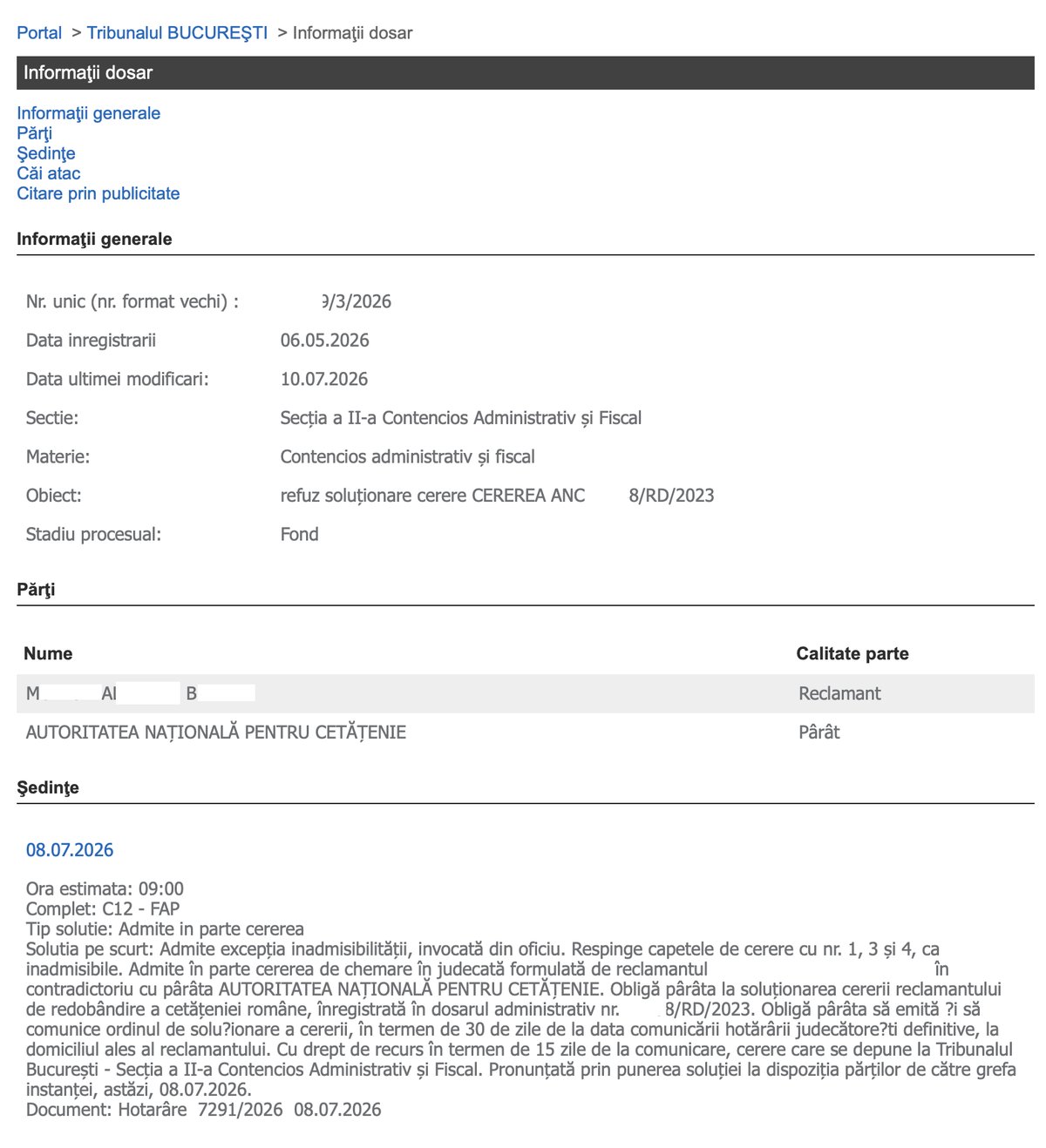 Captură portal instanță — soluție favorabilă în litigiu ANC