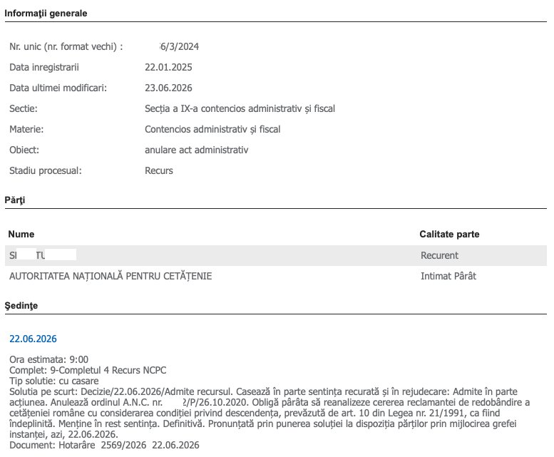 Captură portal instanță — recurs admis, ordin de respingere anulat