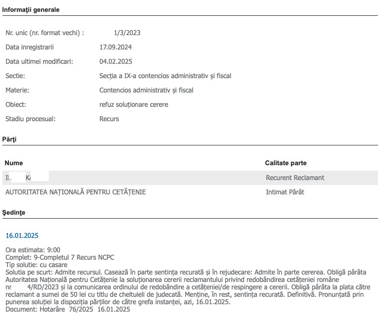 Captură portal instanță — recurs admis, ANC obligată la soluționare